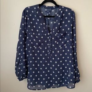 XL Navy blouse by Gap. Long sleeves, buttons, geometric print, sheer fabric